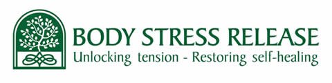Logo for Body Stress Release with a tree and ribbon design, slogan 'Unlocking tension - Restoring self-healing'.