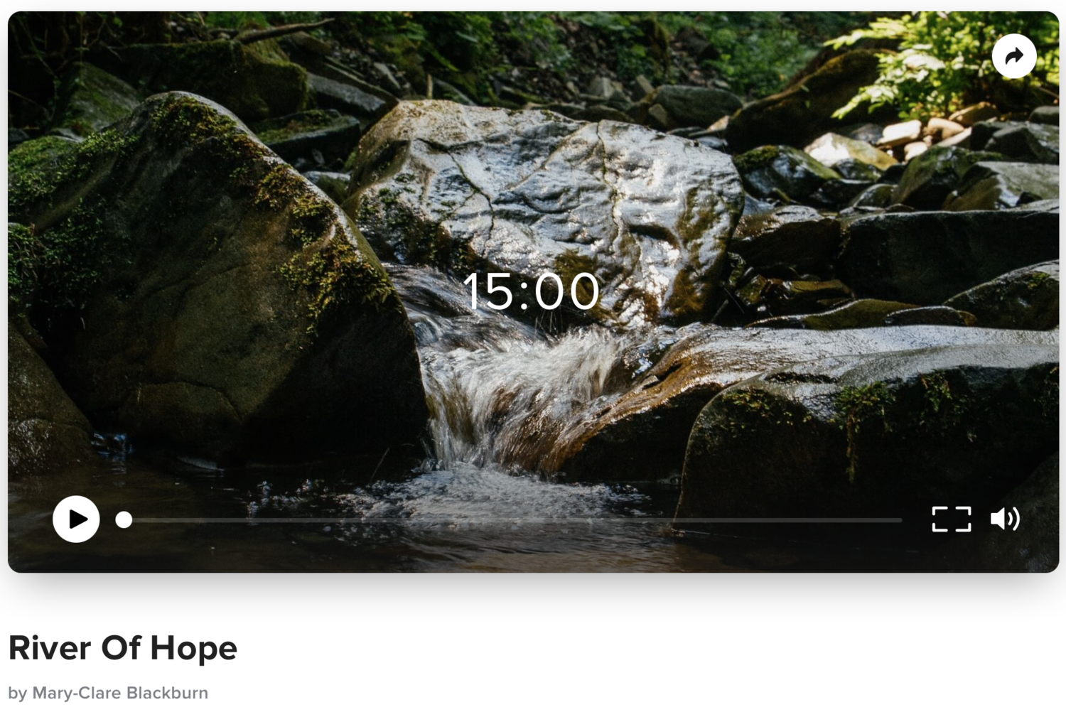 A close-up of a flowing river with moss-covered rocks surrounded by greenery.