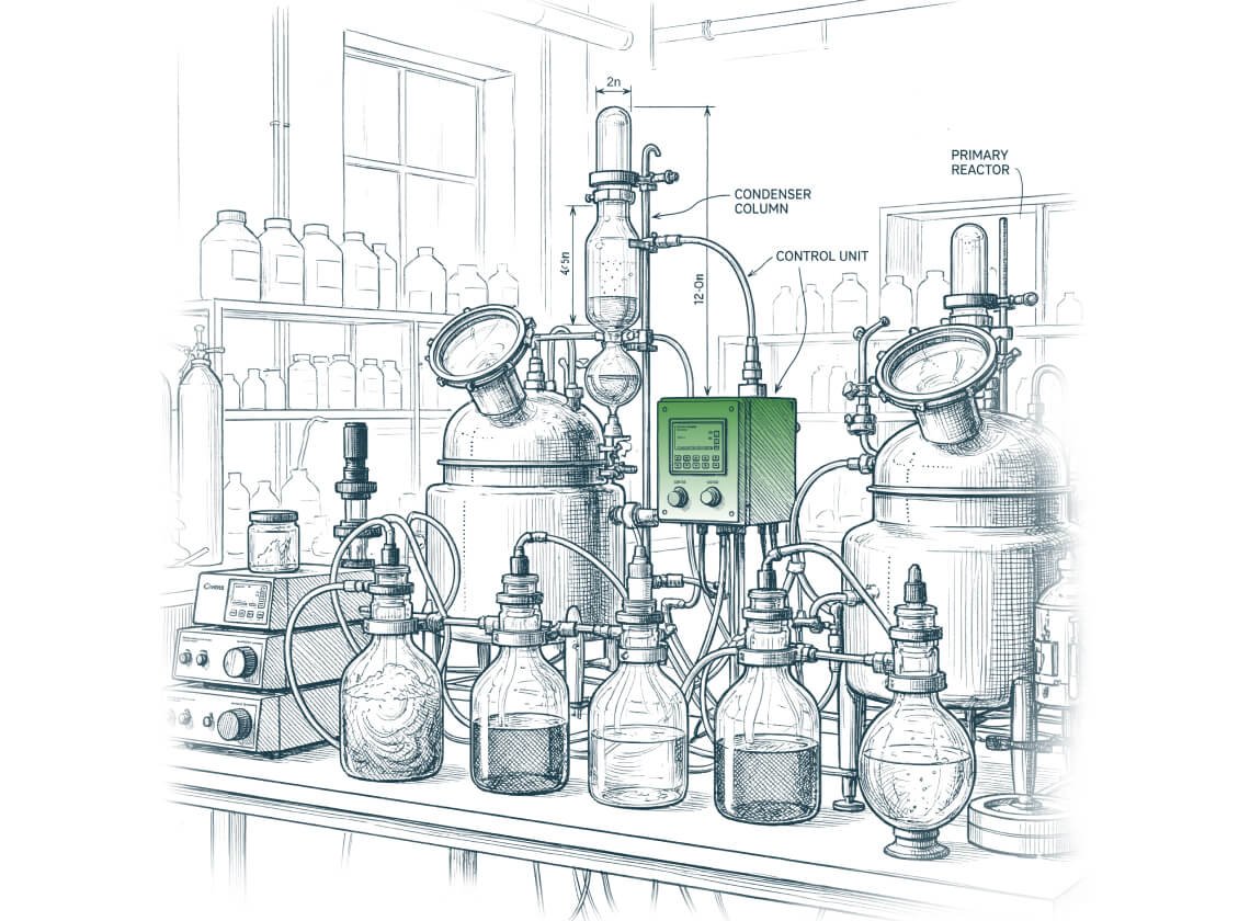 Illustration of a laboratory-grade custom chemical blending station with reactors, glassware, and control units, representing EOS Permian’s tailored chemistry solutions for drilling, completions, and water treatment.