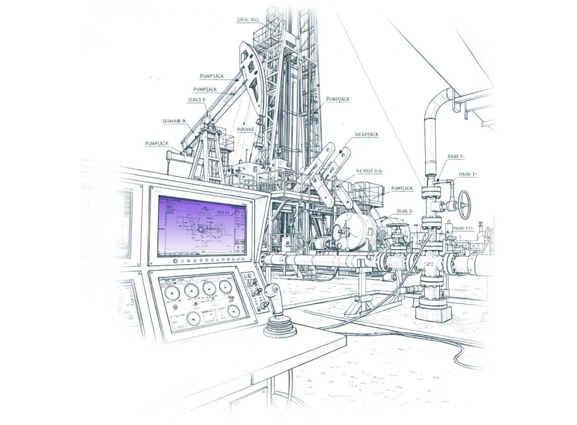 Illustration of a drilling control station and oil rig setup, highlighting EOS Permian’s real-time drilling fluid consulting services designed to optimize wellbore conditions and improve operational outcomes.