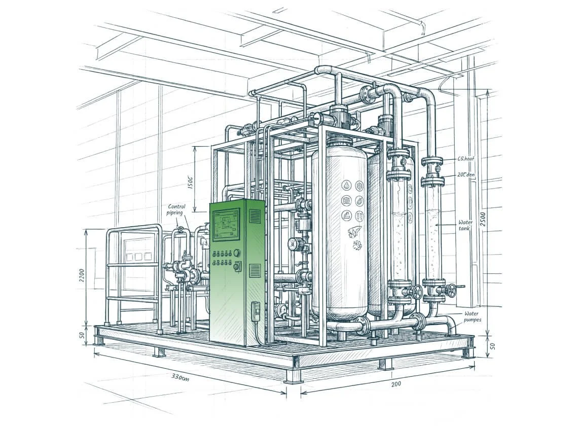 Technical illustration of a water treatment skid system used in oil and gas operations, representing the EOS CleanTech 100 Series platform for produced water treatment and reuse.