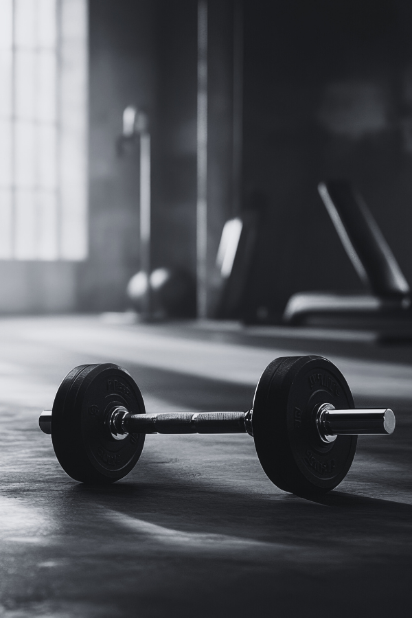 A single dumbbell resting on the gym floor in a dimly lit workout space.