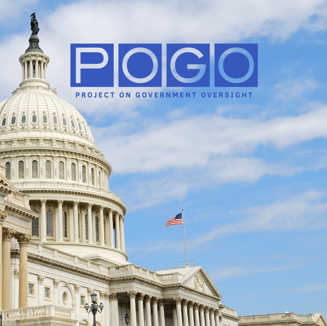 The United States Capitol building with an American flag flying in front, and the overlay text 'PAGO' with 'Project on Government Oversight' underneath against a blue sky with clouds.