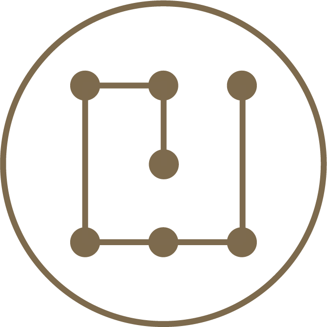 Minimalist icon featuring a car gear shift pattern with a circular border and six gear positions connected by lines.