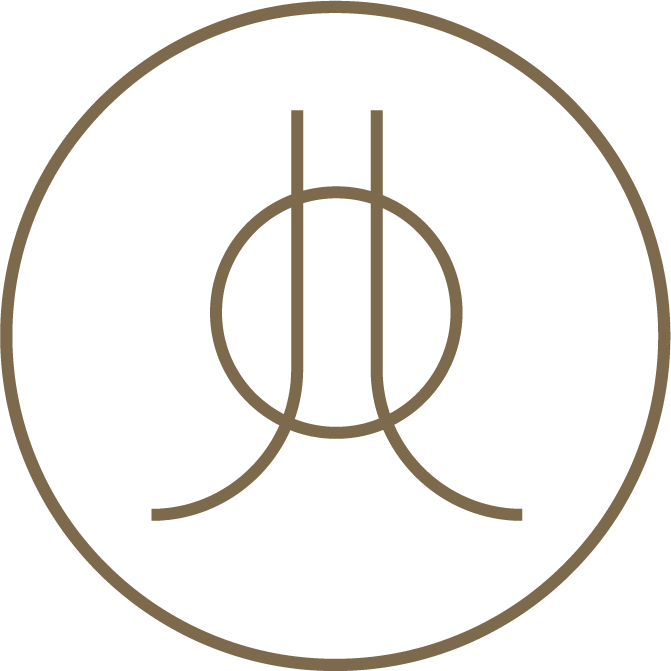 Minimalist icon featuring ito lines curved at the bottom with a circle intersecting the lines half way within a circular border