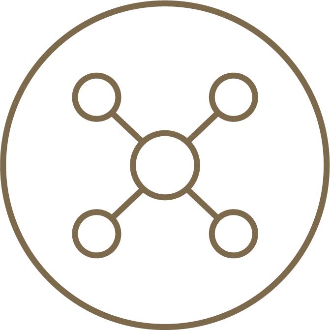 Minimalist icon featuring a network with a central node connected to five outer nodes, within a circle.