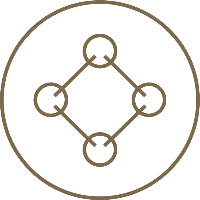 Minimalist icon featuring five interconnected circles inside a larger circle, connected by straight lines to form a diamond shape in the centre.