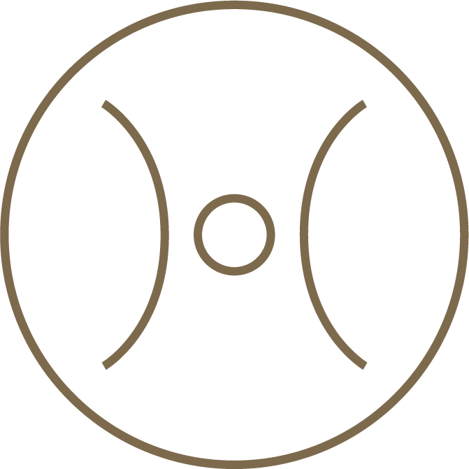 Minimalist icon featuring two curved lines side by side, facing away from each other with a circle in the middle, enclosed in a circle.