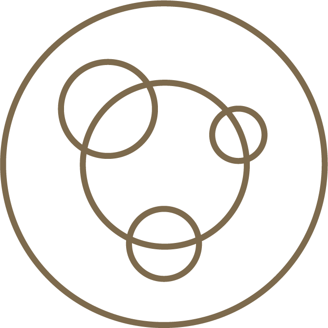 Minimalist icon featuring abstract line drawing with overlapping circles in beige on a black background.