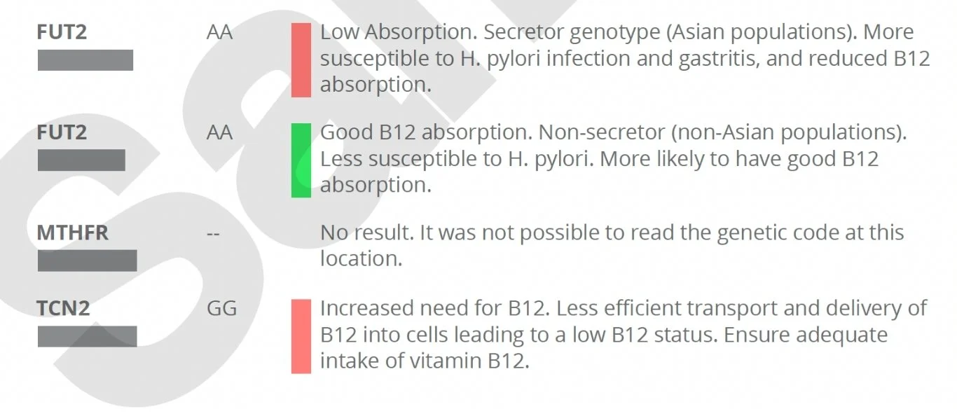 Sample report of Lifecode Gx vitamin B12 genes FUT2, MTHFR and TCN2