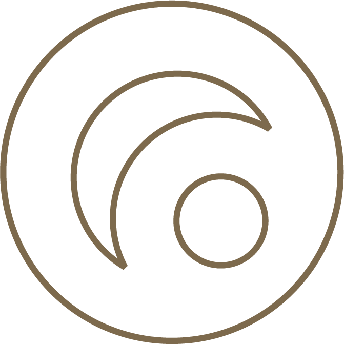 Minimalist icon featuring a circle in the bottom right with a crescent shape surrounding it on the left, enclosed by a circle.