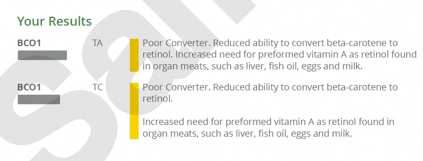 Sample report of Lifecode Gx Vitamin A genes BCO1