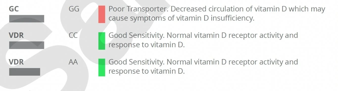 Sample report of Lifecode Gx vitamin D genes GC, and VDR