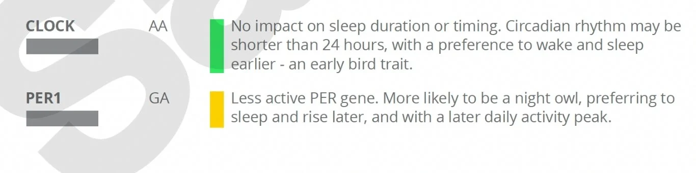 Sample report of Lifecode Gx bodyclock, chronotype genes CLOCK and PER1