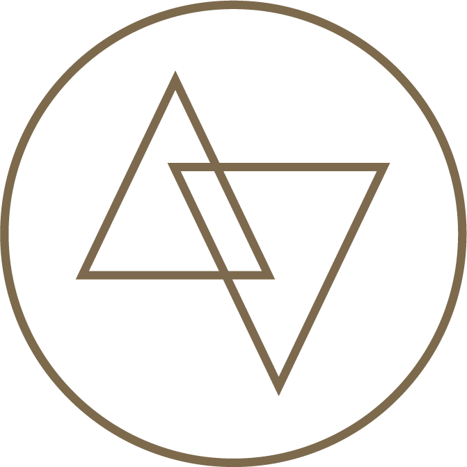 Minimalist icon featuring an abstract geometric design featuring two overlapping triangles inside a circle, with a dark background and brown lines.
