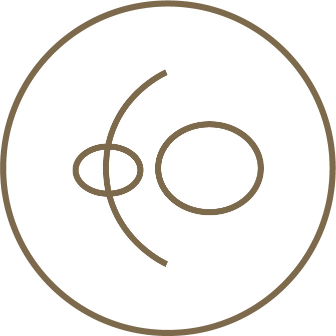 Minimalist icon featuring an abstract geometric design with various circles and lines, primarily in beige on a black background.