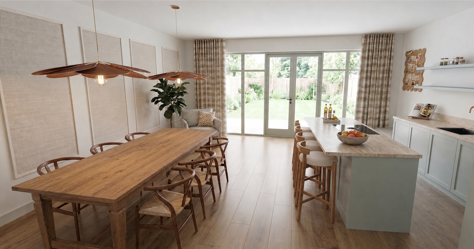 Interieurontwerp voor keuken en eetkamer in Baarn met zachtgroene keuken, houten eettafel en natuurlijke materialen