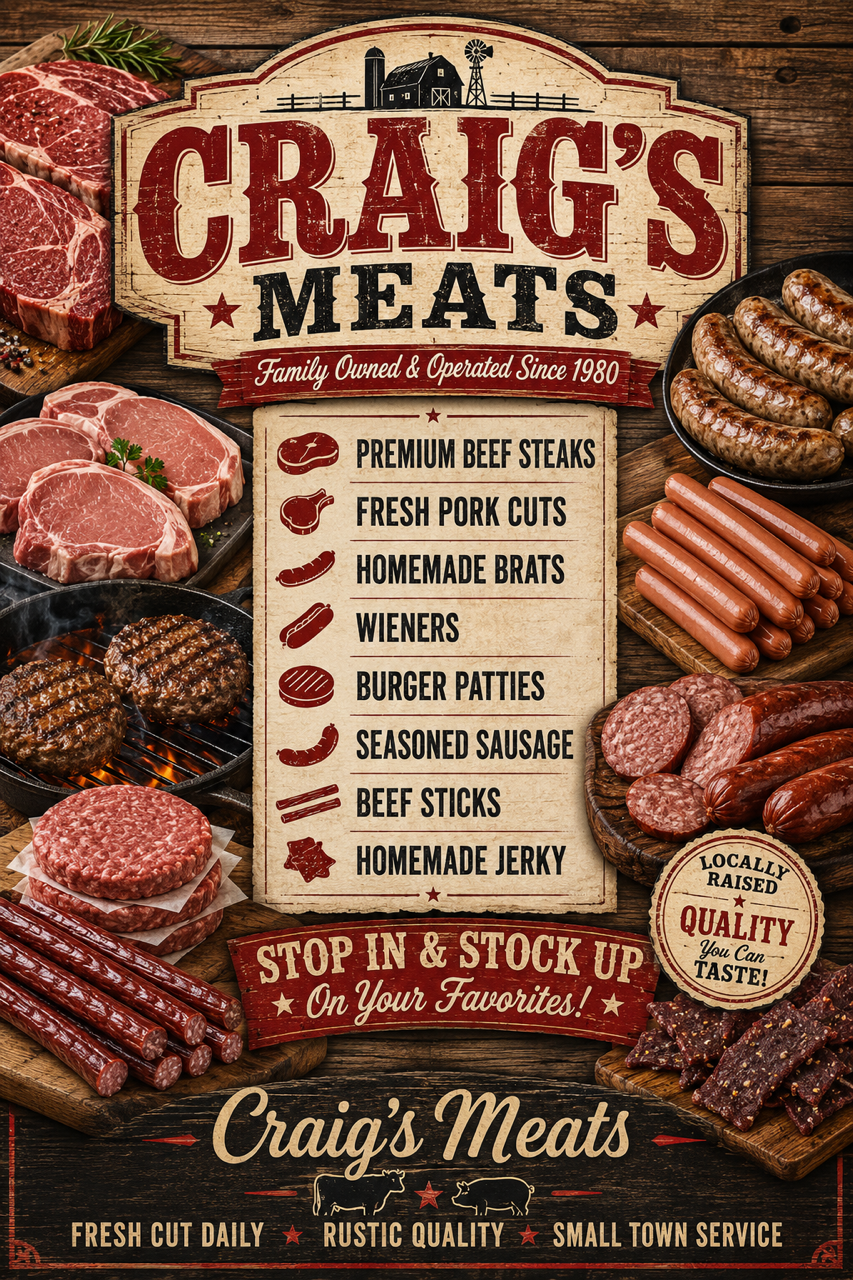 A sign for Craig's Meats displaying various types of meats, including premium beef steaks, fresh pork cuts, homemade brats, sausages, burger patties, seasoned sausage, beef sticks, and homemade jerky. The sign emphasizes locally raised quality and encourages customers to stop and stock up on their favorites. Surrounding the sign are fresh raw meats, sausages, and grilled meat patties on a wooden table.