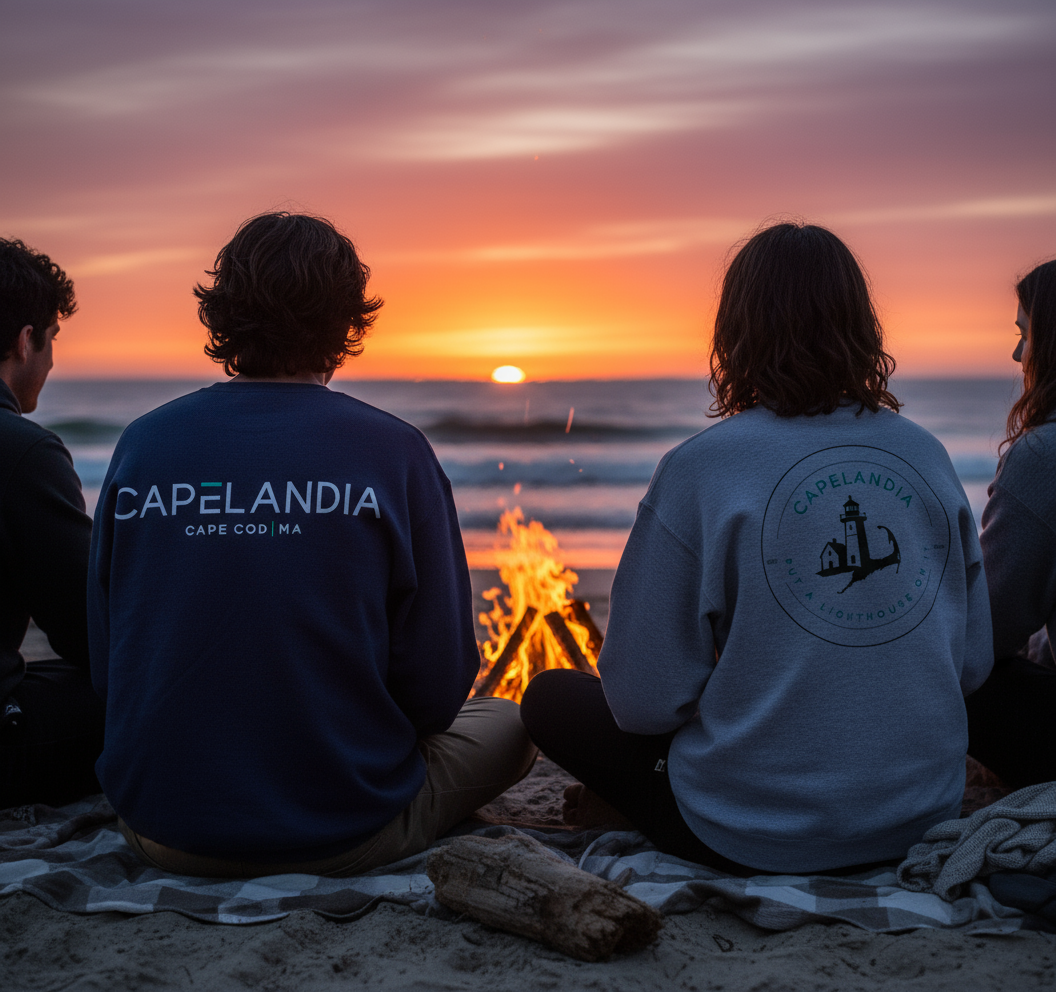 Four people sitting on a beach around a campfire during sunset, with two wearing jackets that have 'Capelandia' and lighthouse logo on the back, facing the ocean.