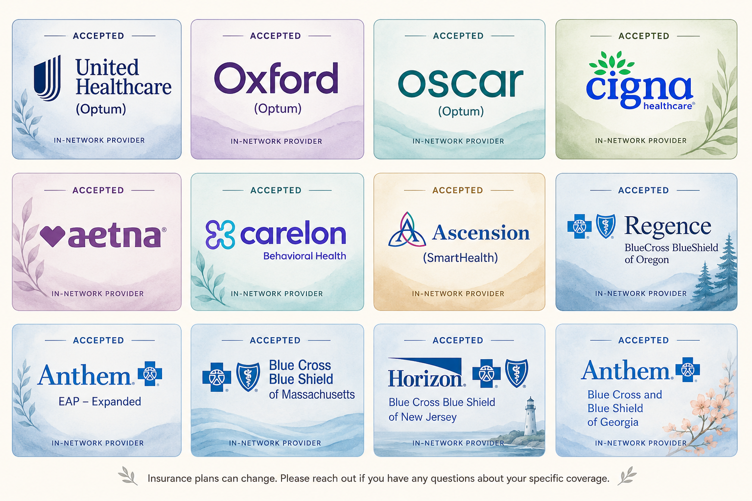 Collection of accepted health insurance provider logos from various companies, including United Healthcare, Oxford, Oscar, Cigna, Aetna, Carelon, Ascension, Regence, Anthem, Blue Cross Blue Shield of Massachusetts, Horizon Blue Cross Blue Shield of New Jersey, and Anthem Blue Cross Blue Shield of Georgia. Each logo is accompanied by the word "Accepted" and the provider's name.