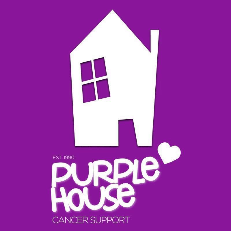 A purple background with a white, stylized house outline and the text 'Purple House Cancer Support' with a small heart. Established 1990.