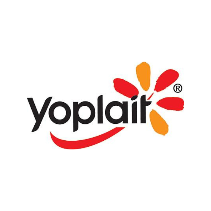 Yoplait logo with a flower design made of red and orange petals and a red curved line underneath the text.
