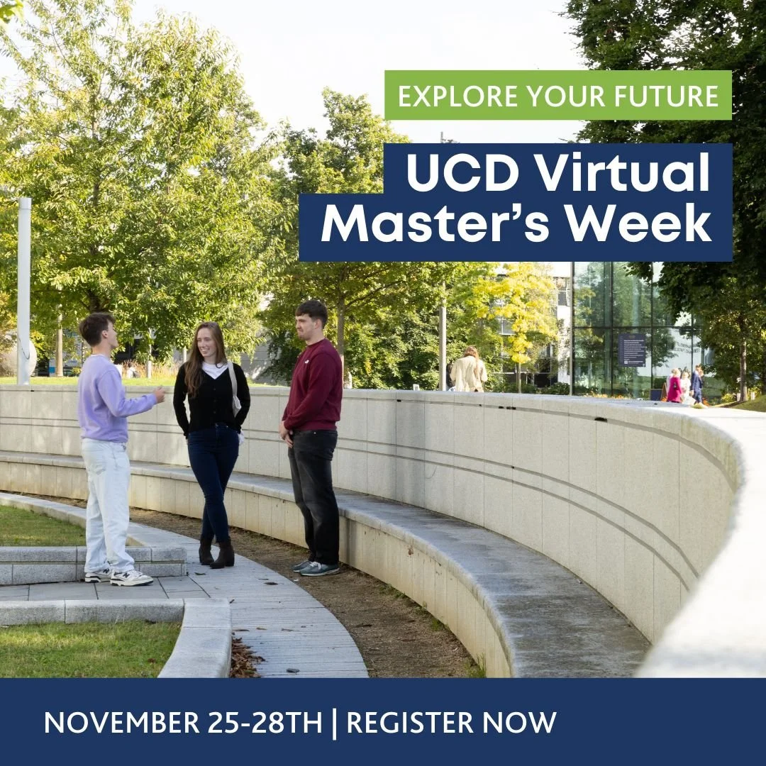 People talking outdoors on a university campus with trees in the background, overlaid with text announcing UCD Virtual Master's Week, November 25-28, with a call to register now.