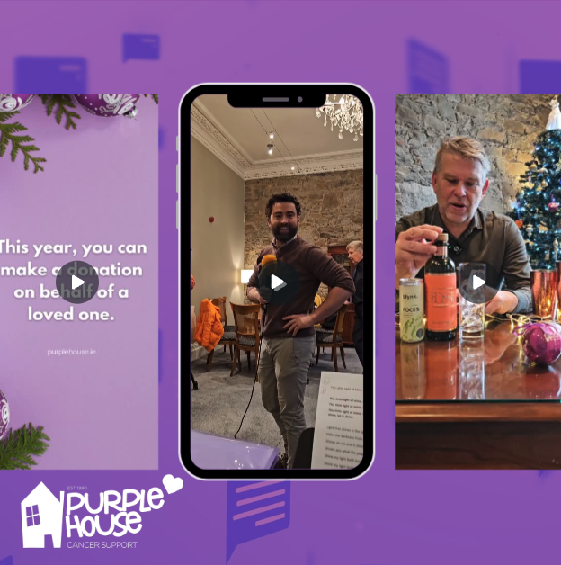 A collage featuring a smartphone displaying a man speaking into a microphone at an indoor event, a man opening a bottle of wine or champagne at a festive table with Christmas decorations, and a purple background with text about making donations for loved ones, along with the Purple House logo for cancer support.
