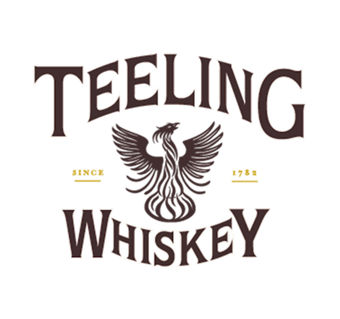 Teeling Whiskey logo with a black background, purple text, and a stylized black phoenix in the center, with yellow 'Since 1782' on either side.