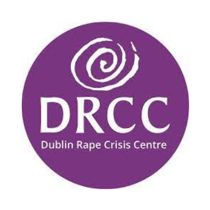 Purple logo with a spiral design and the text 'DRCC Dublin Rape Crisis Centre'.