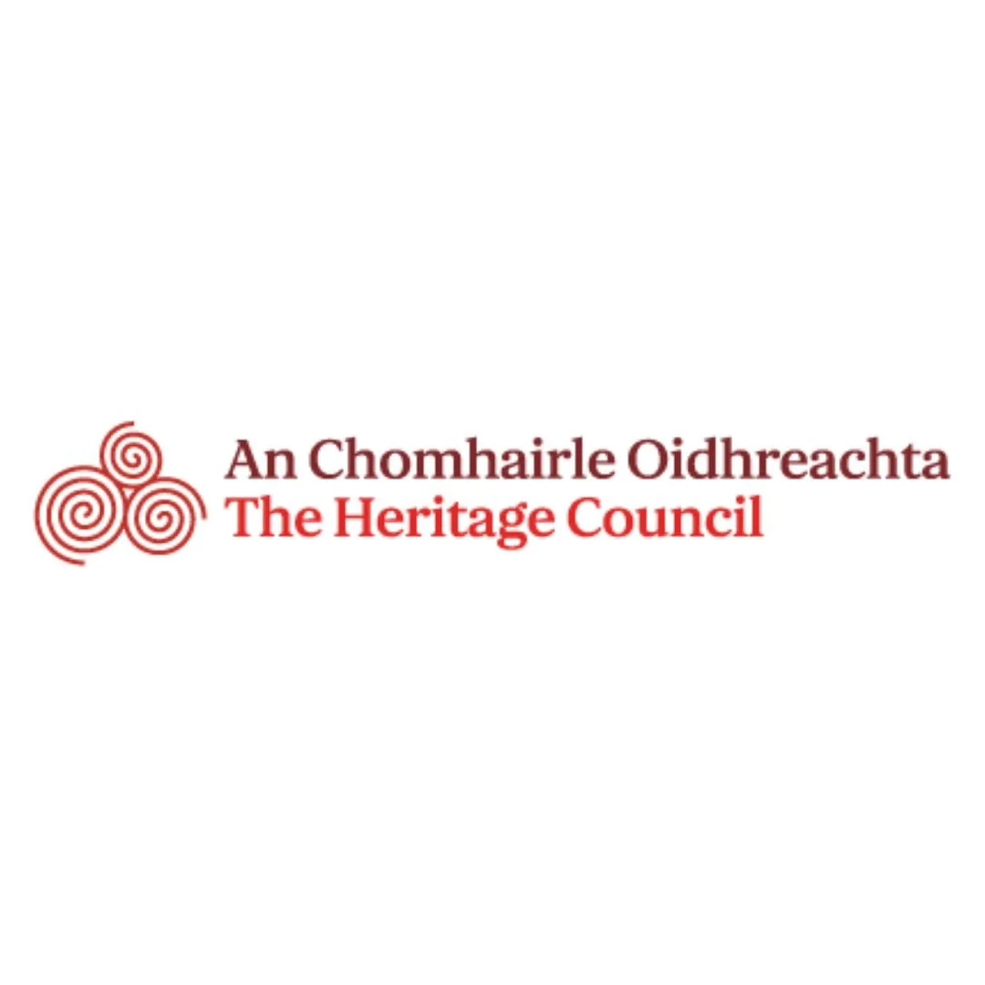 Logo for The Heritage Council featuring three red spirals and text in Irish and English.