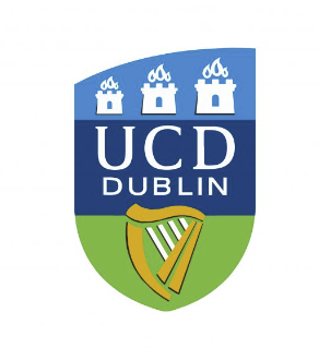 University College Dublin (UCD) logo with a shield design featuring three lit torches at the top and a green section at the bottom with a gold harp.
