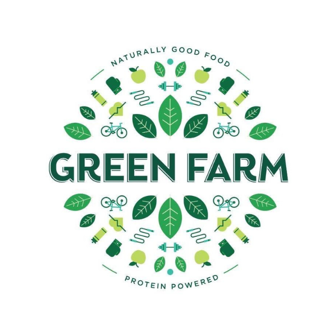 Logo for Green Farm with green leaves, apples, applesauce, bicycles, and gym equipment, with text 'Naturally Good Food' and 'Protein Powered'