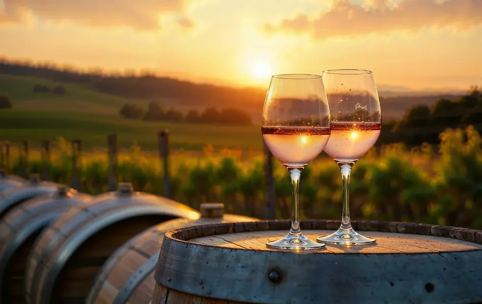 Two glasses of rosé wine on a wine barrel at sunset in a vineyard.