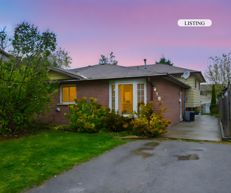A single-story brick house with a small front yard, trees, and shrubs, during dusk with a pinkish-purple sky, and a listing label in the sky.