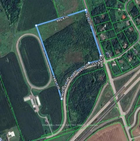 A satellite map showing a large, irregularly shaped plot of land outlined in blue, with surrounding greenery, a racetrack or stadium on the left, and nearby residential area on the right.