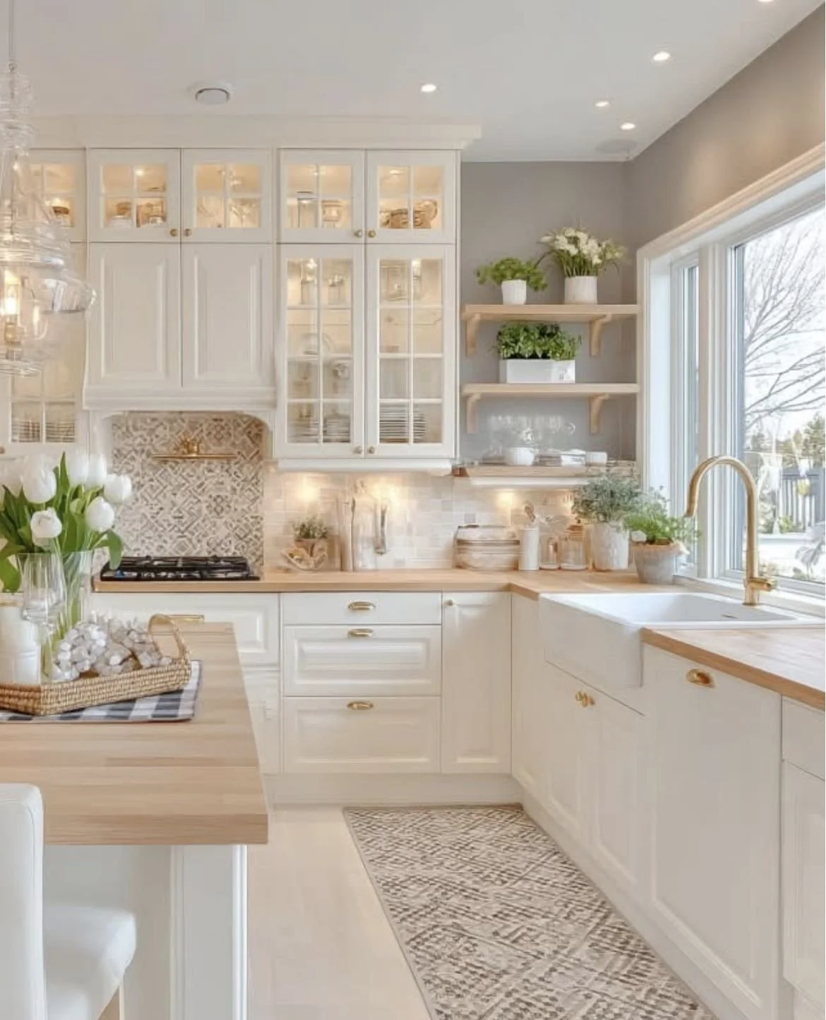 A bright, airy kitchen with white cabinets, a window above the sink, and wooden countertops. Decor includes potted plants, white tulips, and open shelves with dishes and glassware.