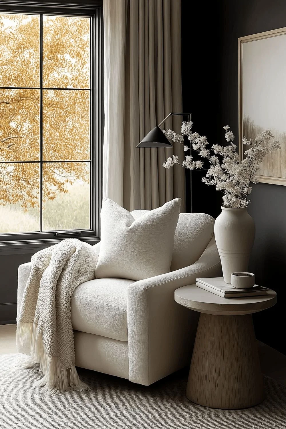 A cozy modern living room corner with a white armchair, a side table with a large vase of white dried flowers, a black wall-mounted lamp, and a window with beige curtains showing autumn trees outside.