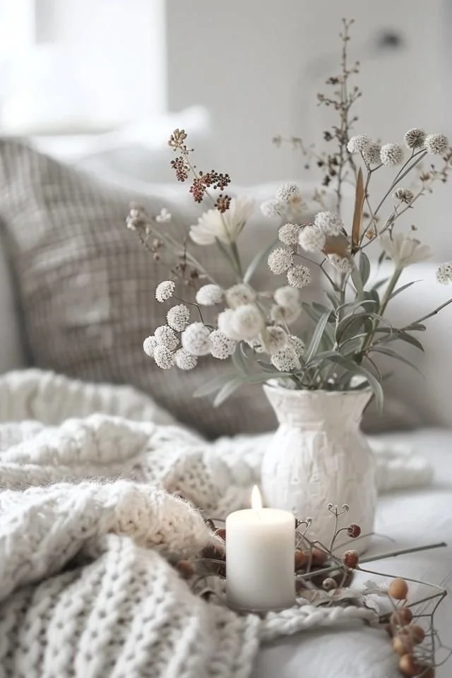 A cozy bedroom scene with a vase of dried flowers, a white candle, and a chunky knitted blanket.