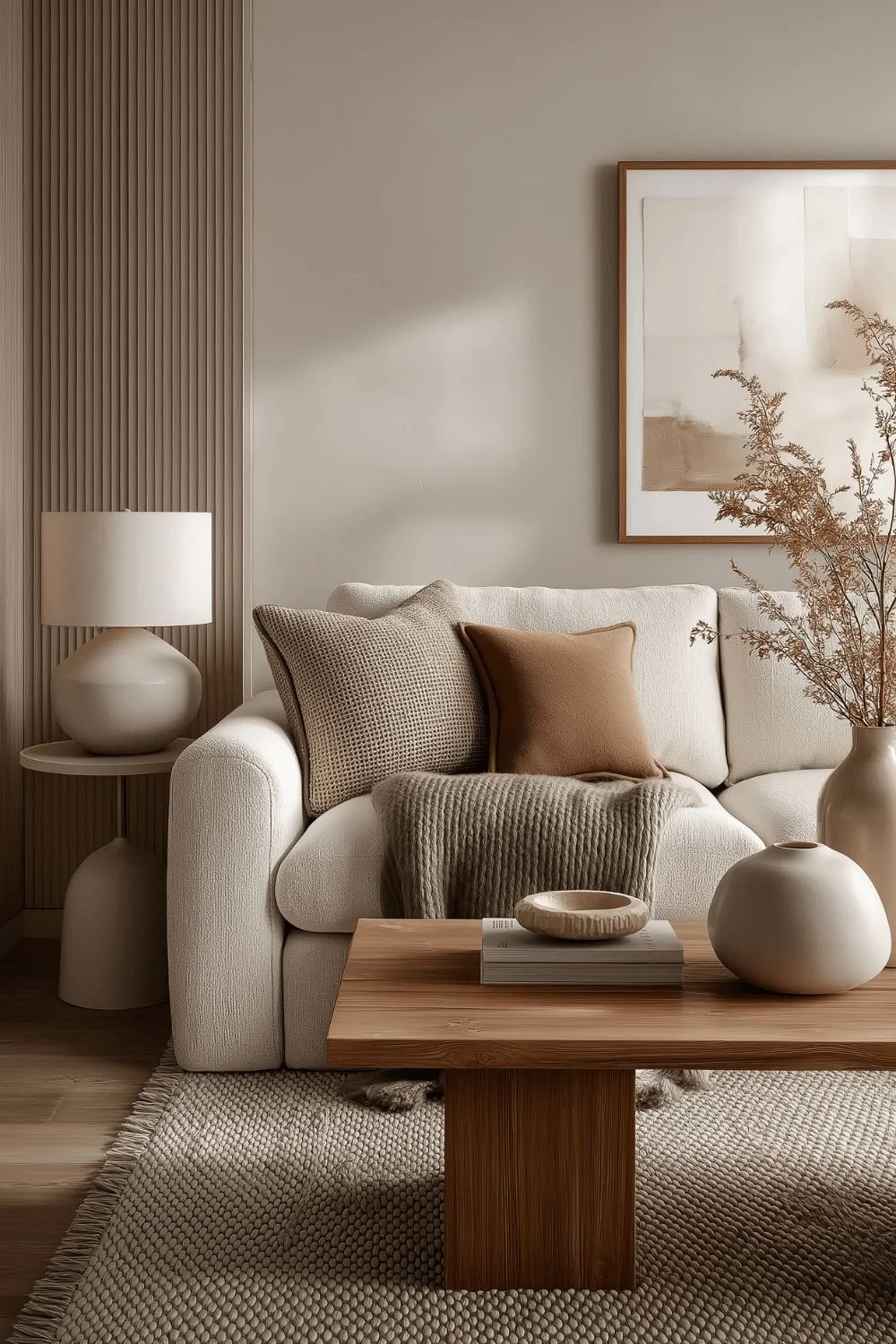 A cozy living room corner with a white sofa, beige and brown pillows, a beige throw blanket, a wooden coffee table with decorative vases and a book, a white table lamp, and a framed art piece on the wall, accented with dried plants.