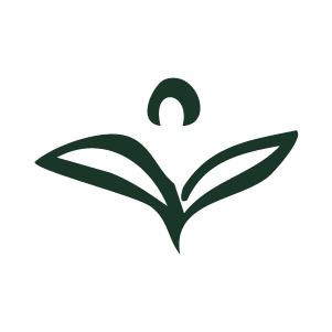 A simple black and green logo featuring a stylized plant with two leaves and a small circle above representing growth or a seed.