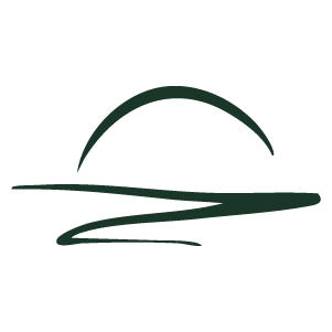 A minimalist logo featuring a stylized sun over a lake and a mountain in black and green outline.