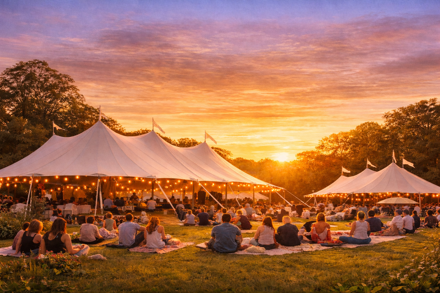 People attending an outdoor event under large white tents with string lights during sunset.