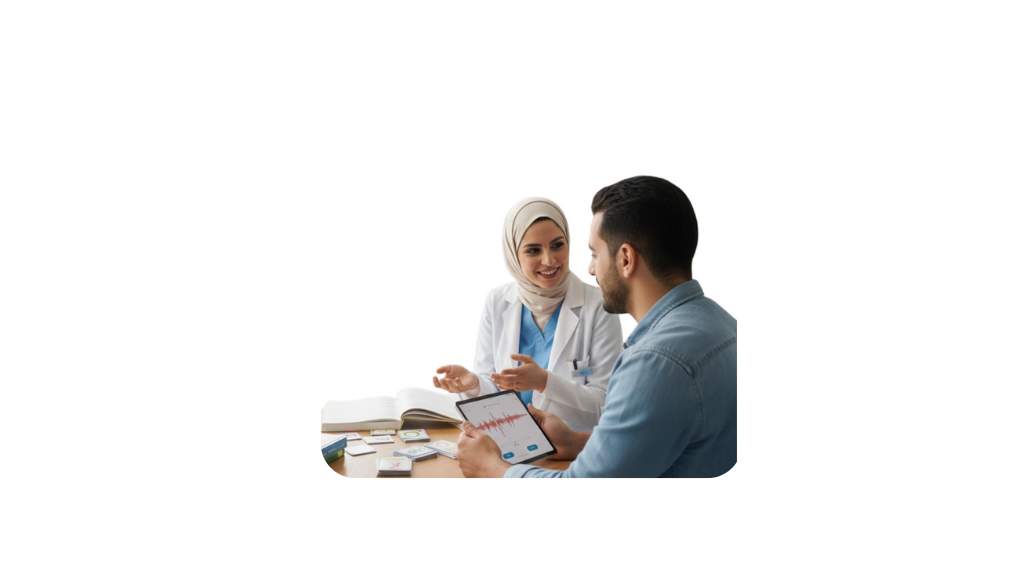 A female healthcare professional and a male patient having a discussion in a medical office, with medical documents and a tablet on the table.