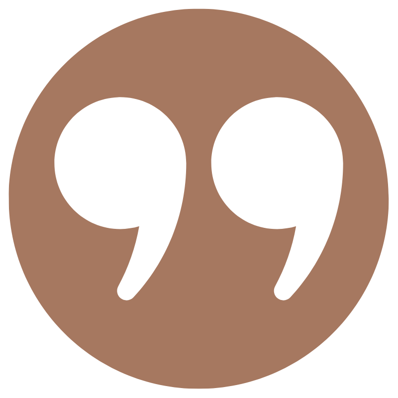 A large, brown circle with green quotation marks inside.