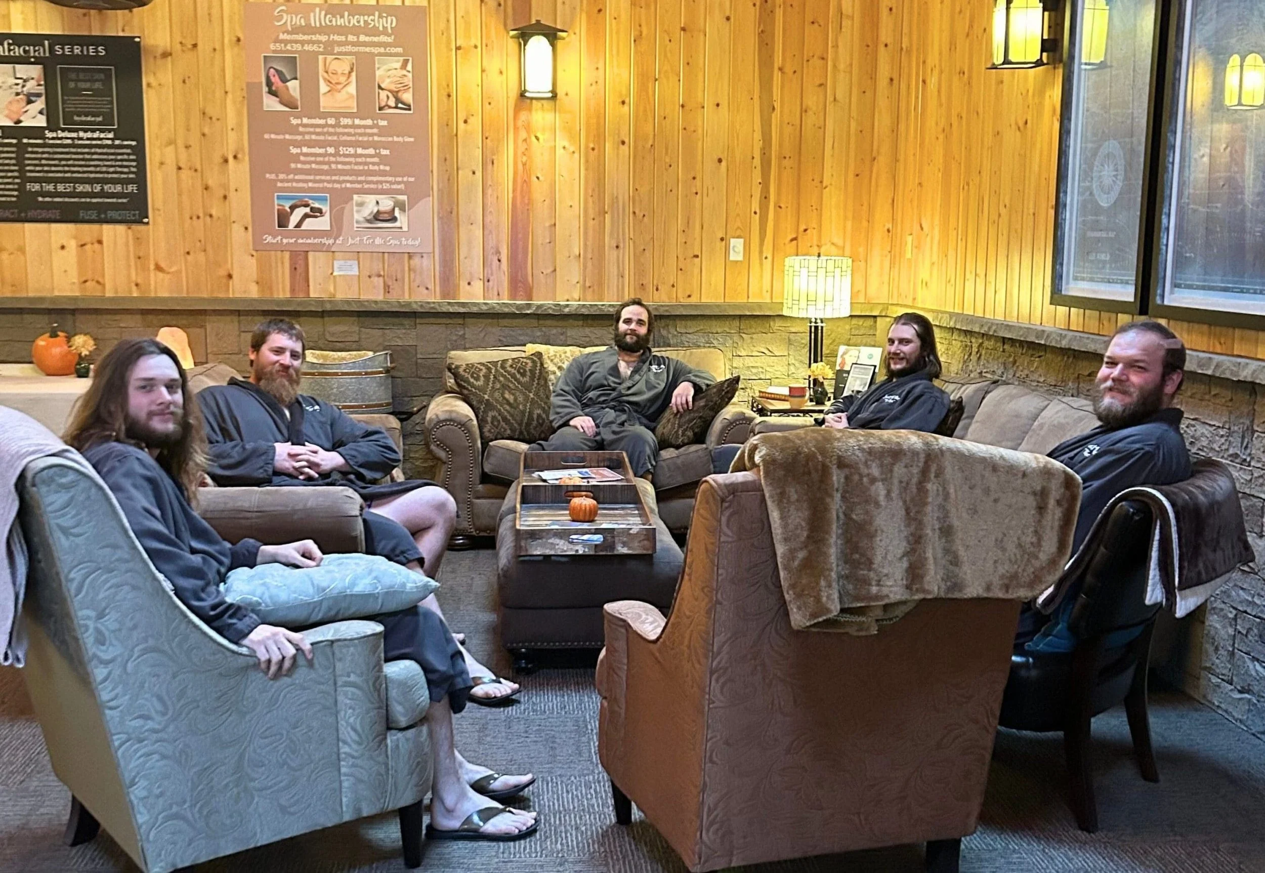 group of men at spa sitting in circle