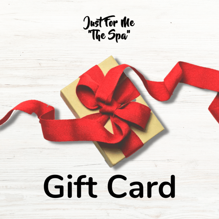 A gift card with a beige box wrapped with a red ribbon and bow, placed on a white wooden background.