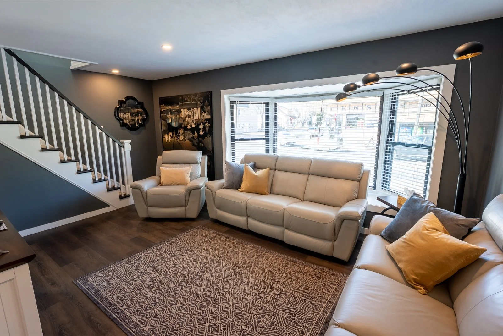 Living room and stairs in The Donovan home