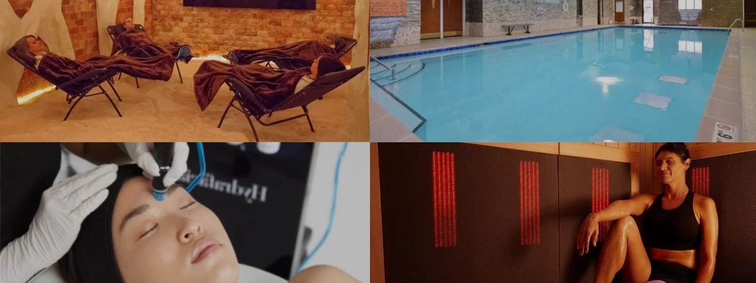 Top left: Four people lying on lounge chairs with brown blankets in a relaxing room; top right: Indoor swimming pool with ladder and towels; bottom left: Person receiving facial treatment with device, lying with eyes closed; bottom right: Woman sitting and smiling in a heated sauna or steam room.