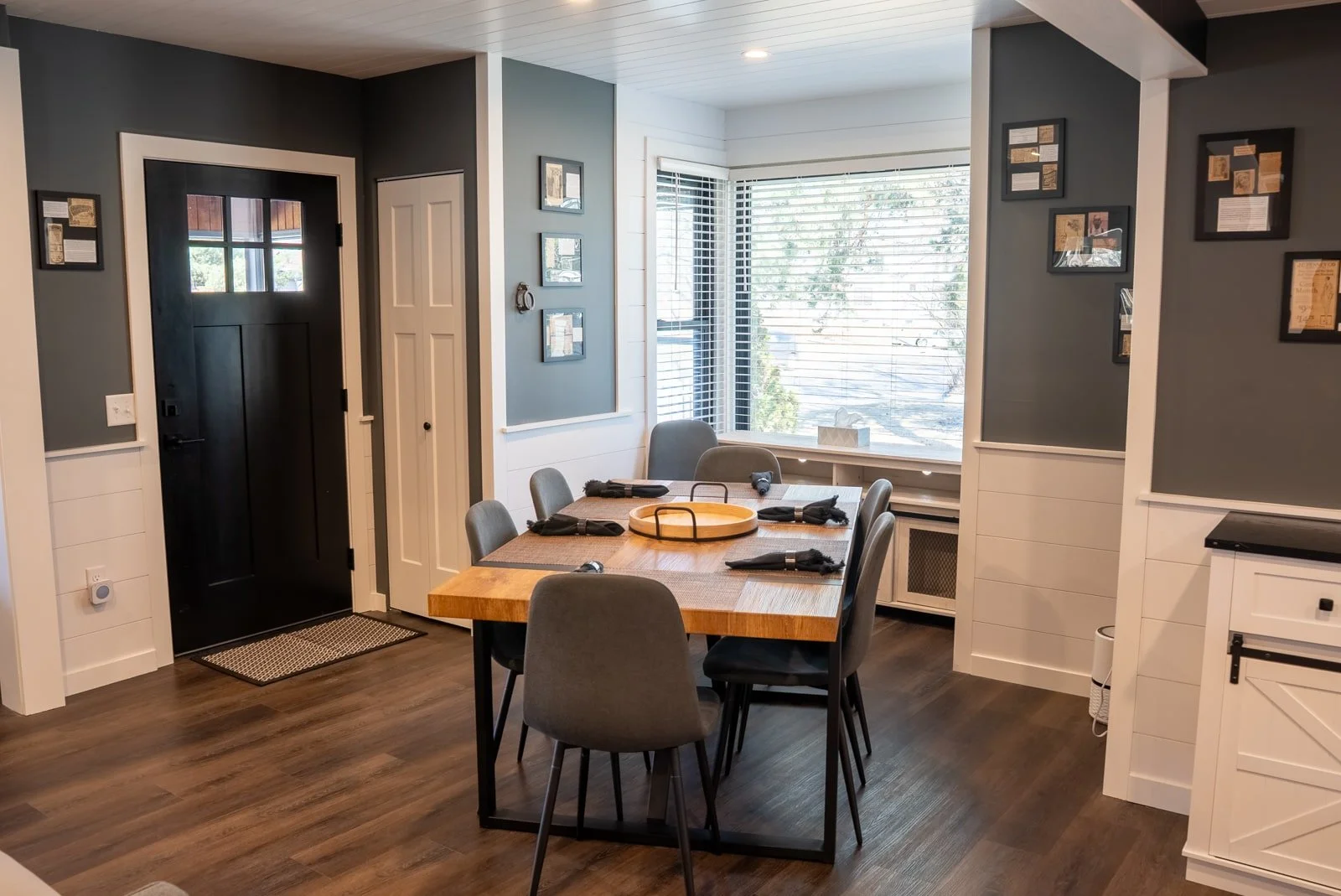Front door and dining area in The Donovan home